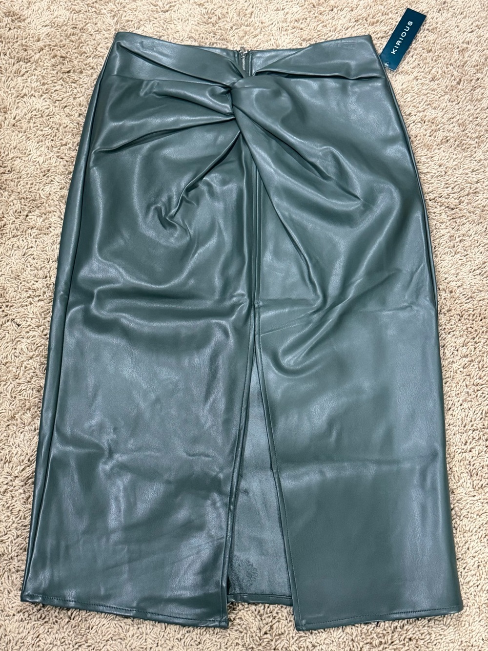 Kirious Dark Green Faux Leather Twist-Front Pencil Skirt